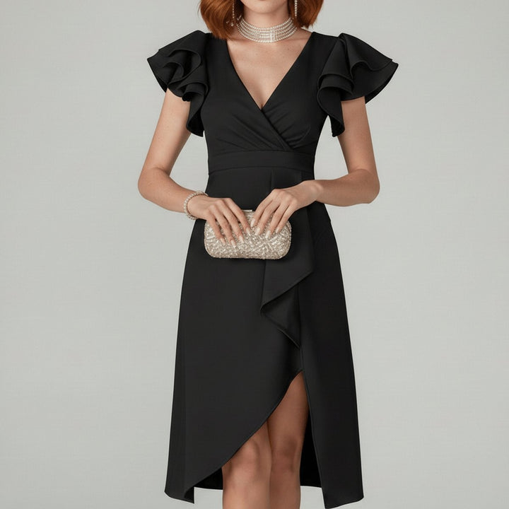 Black ruffle sleeve wrap dress with deep V-neck and tulip midi skirt