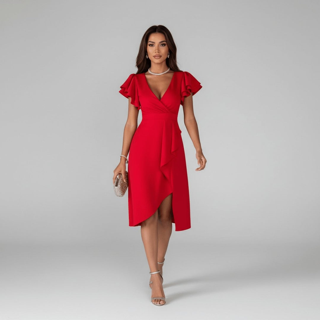 Red wrap midi dress with ruffled cap sleeves and high-low asymmetric skirt