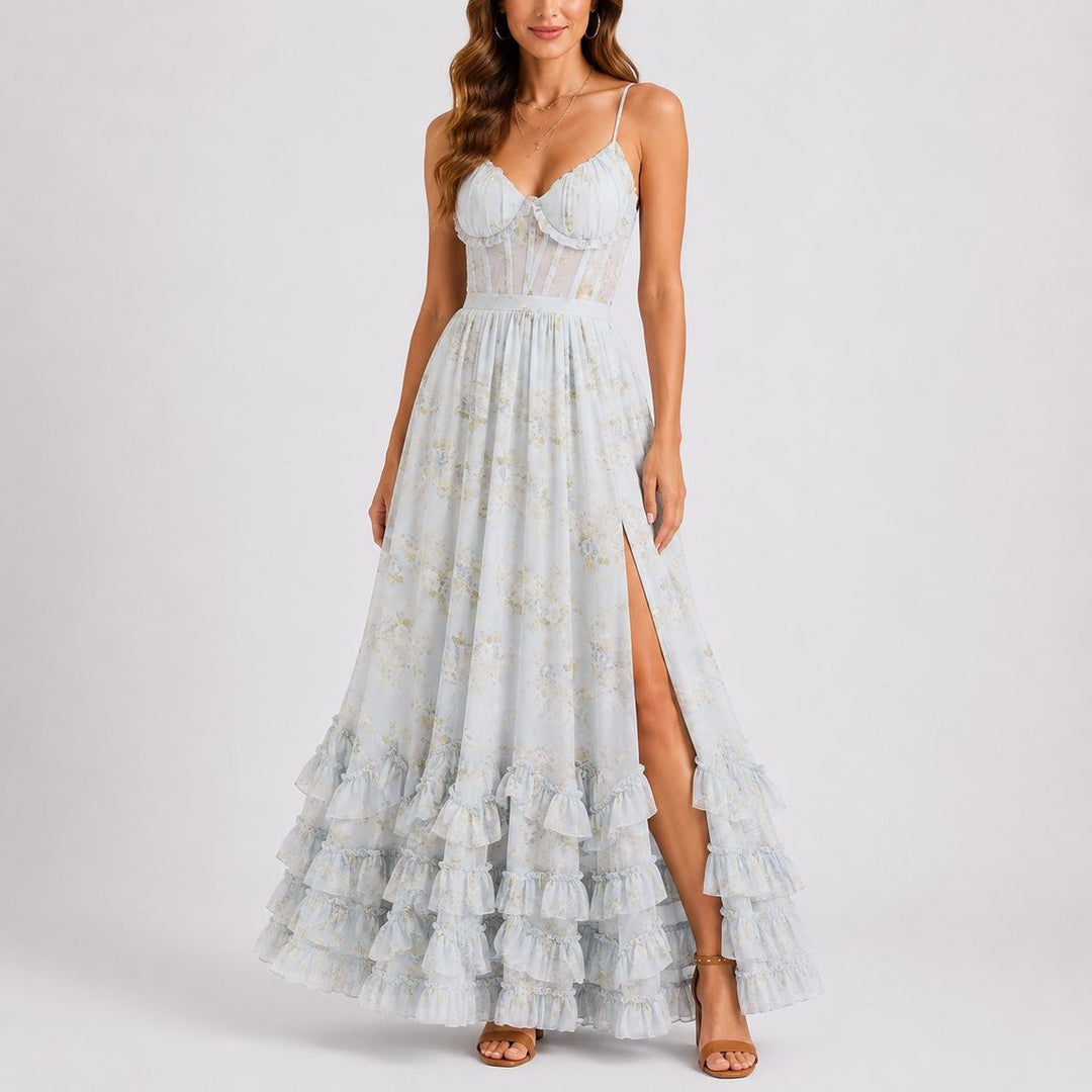 Light blue floral corset maxi dress with ruffled tiered hem and thigh slit