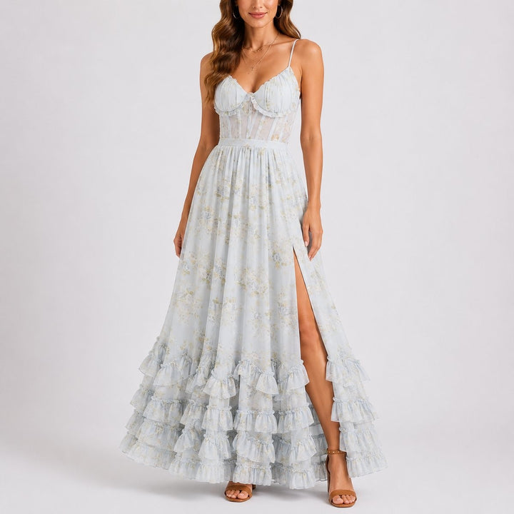 Light blue floral corset maxi dress with ruffled tiered hem and thigh slit