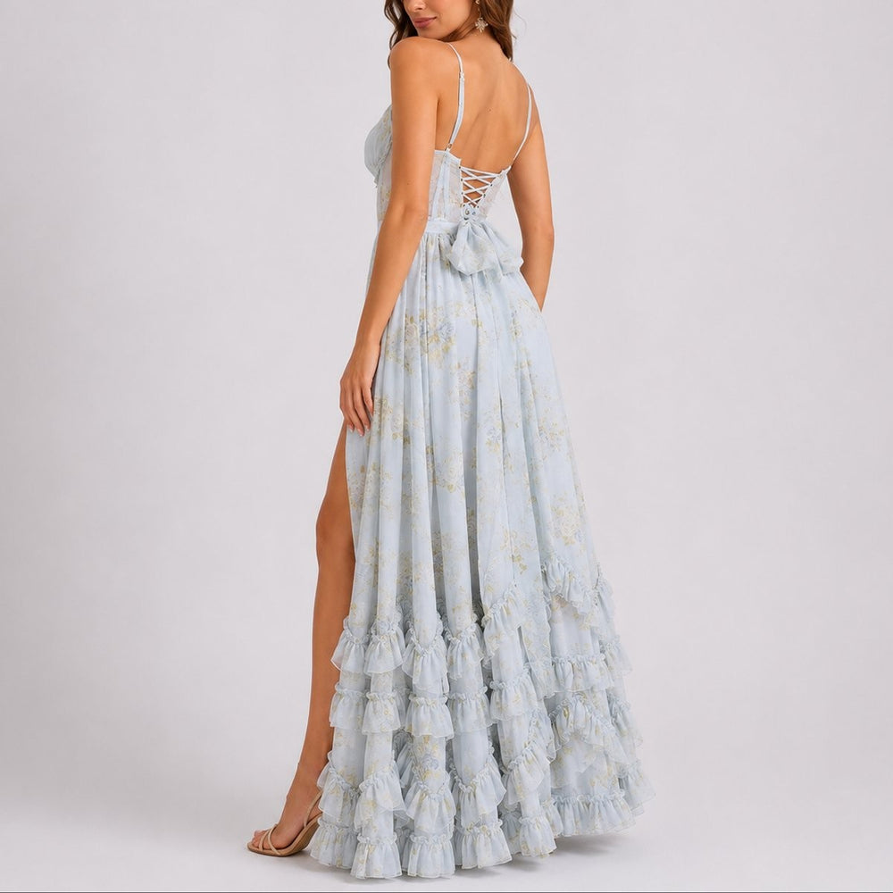Back view of light blue floral maxi dress showing lace-up corset detail