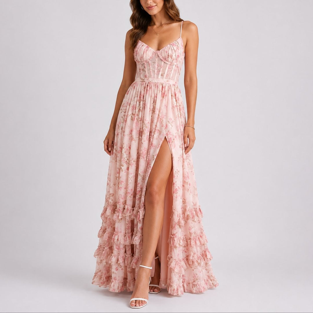Blush pink floral corset maxi dress with sweetheart neckline and ruffled skirt