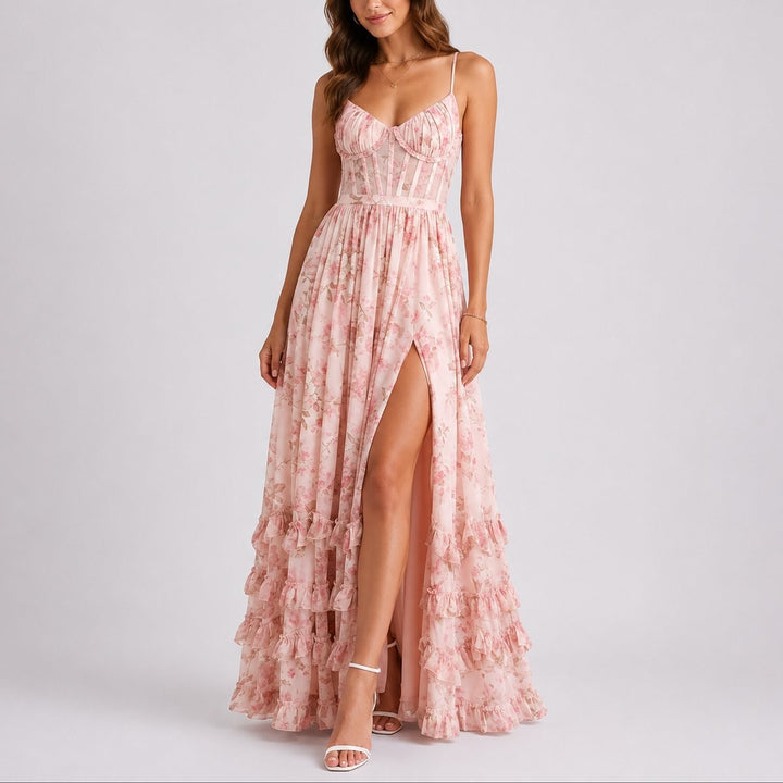 Blush pink floral corset maxi dress with sweetheart neckline and ruffled skirt