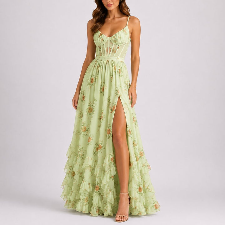 Sage green floral corset maxi dress with tiered ruffle hem and leg slit