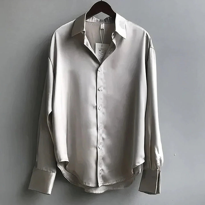 Taupe satin button-down blouse on hanger, relaxed fit with collar