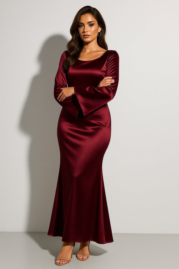 burgundy satin maxi dress with scoop neck and bell sleeves