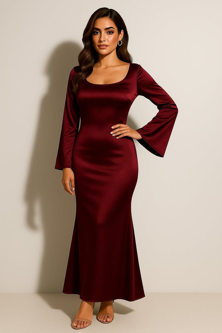 wine-red satin fishtail maxi dress with flared long sleeves