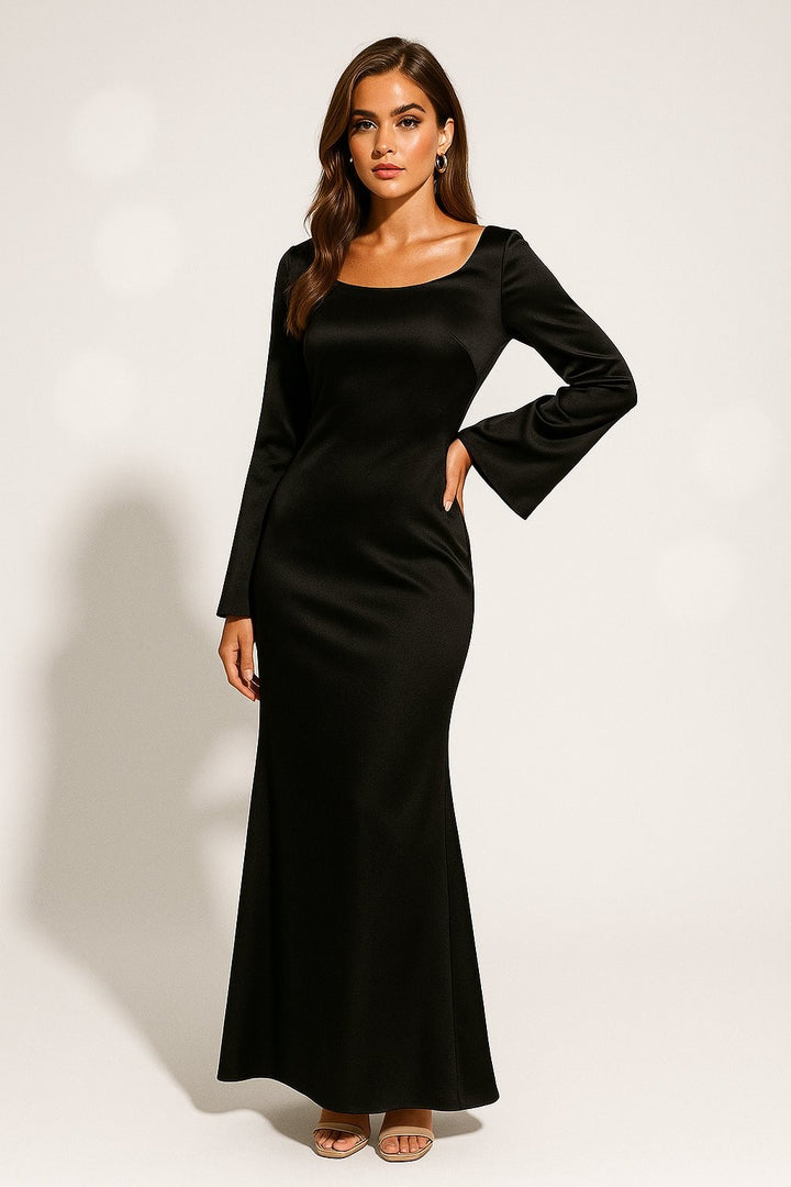 black satin maxi dress with square neckline and bell sleeves