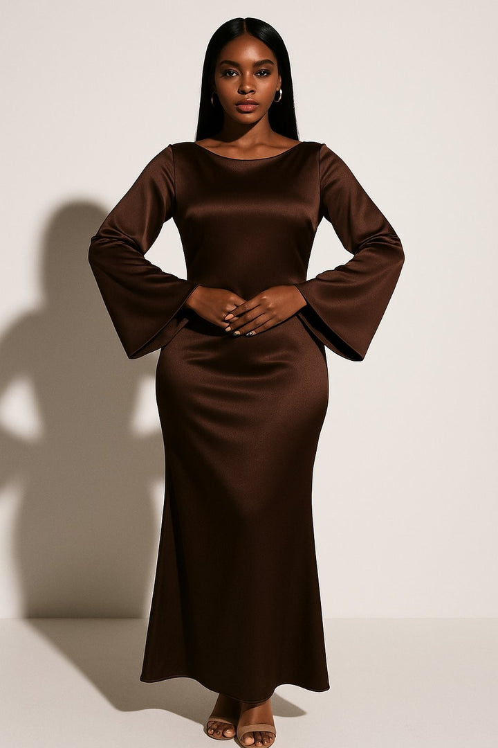 chocolate brown satin maxi dress with scoop neck and bell sleeves