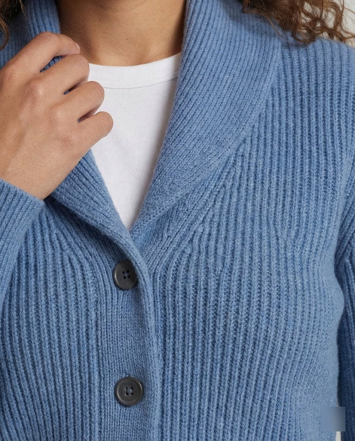 Close-up of shawl collar and buttons on blue ribbed knit cardigan