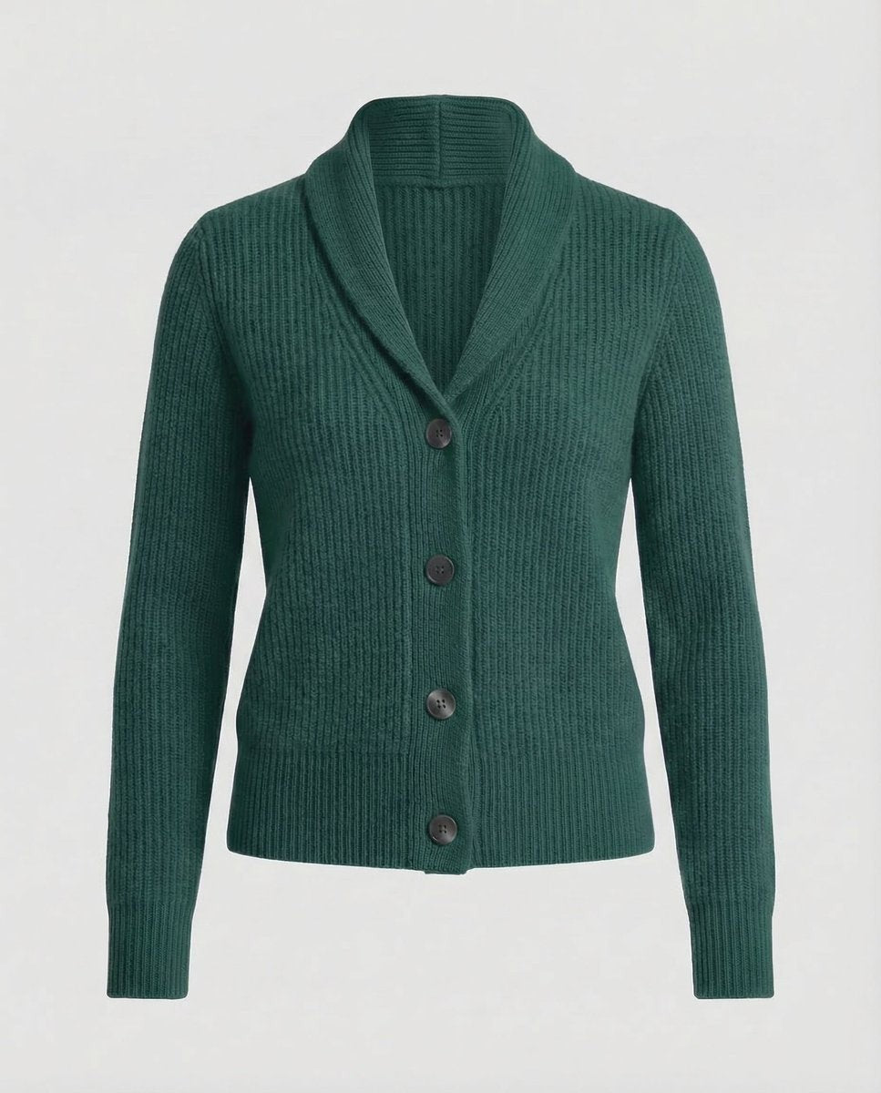 Forest green ribbed knit cardigan with shawl lapel and button front