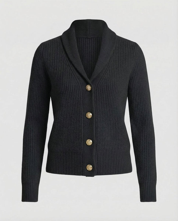 Black ribbed knit cardigan with shawl collar and gold button details