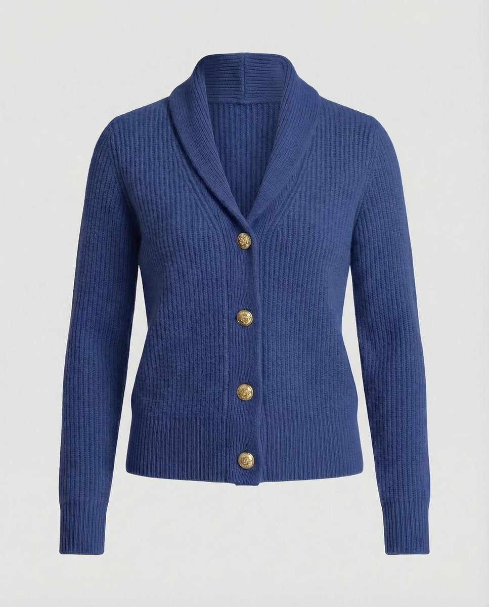 Navy ribbed knit cardigan with shawl lapel and gold button accents