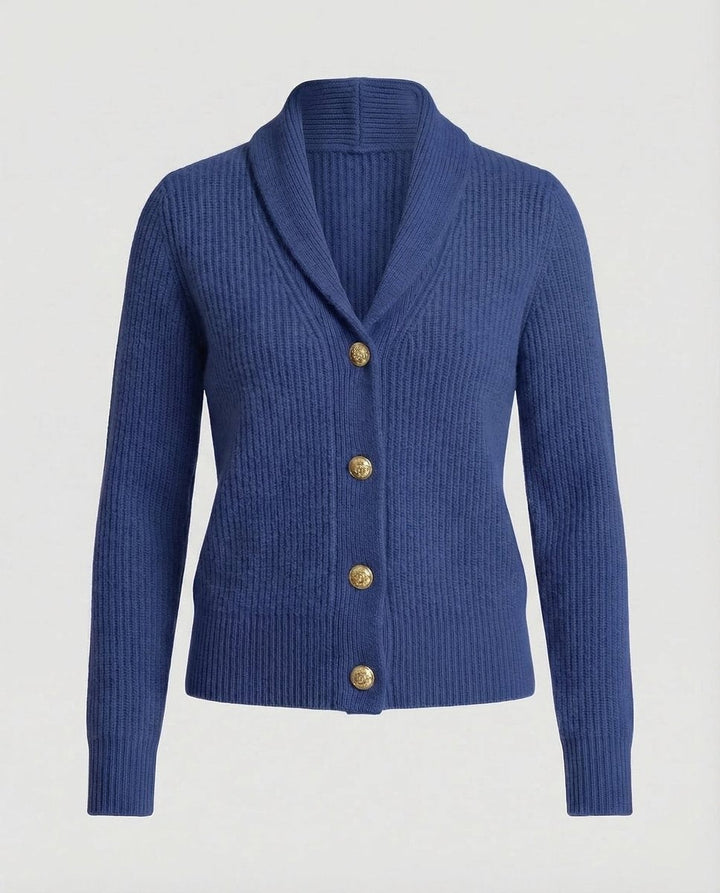 Navy ribbed knit cardigan with shawl lapel and gold button accents