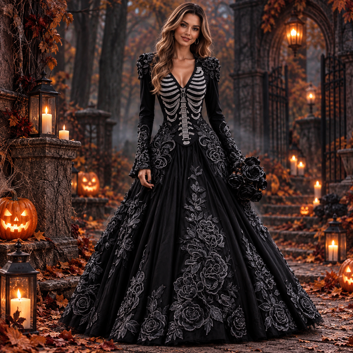 black skeleton print gothic ball gown with floral lace appliques for Halloween