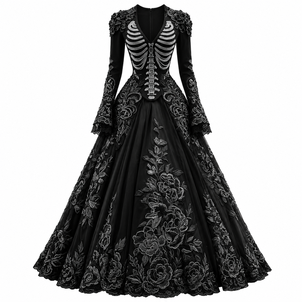 long-sleeve skeleton bodice gothic maxi dress with rose embroidered skirt