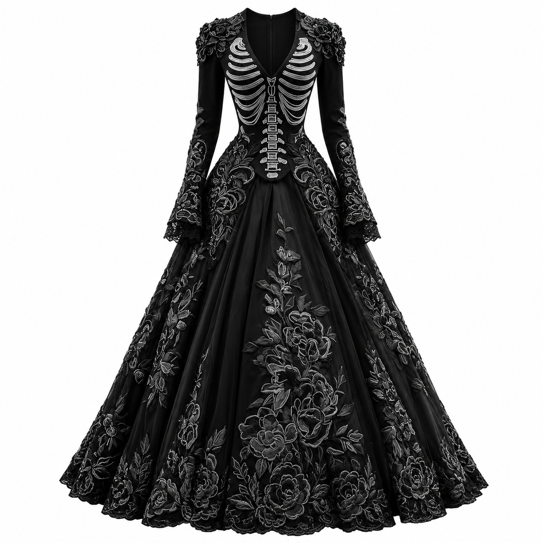long-sleeve skeleton bodice gothic maxi dress with rose embroidered skirt