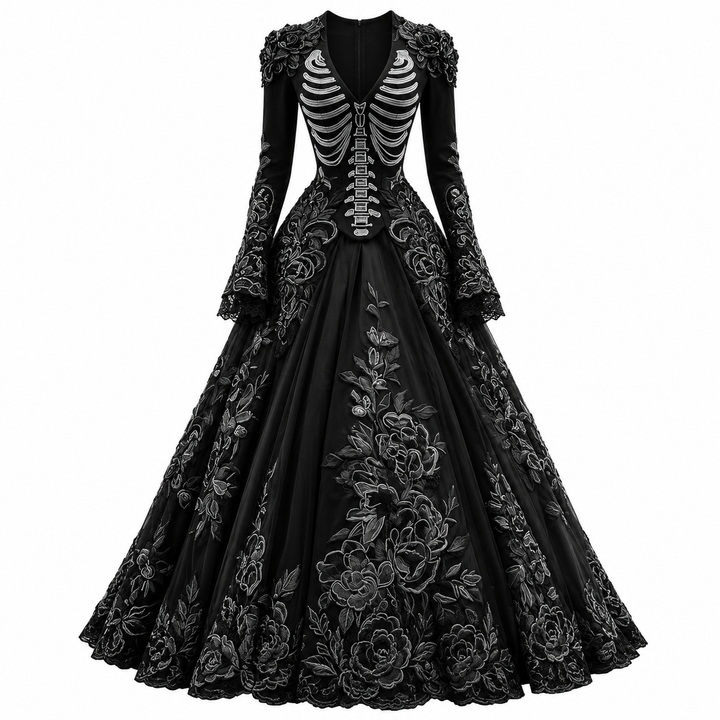 long-sleeve skeleton bodice gothic maxi dress with rose embroidered skirt