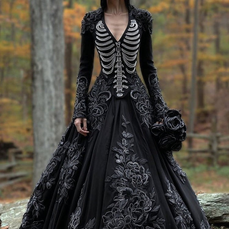 gothic skeleton print gown with black rose bouquet and floral lace detail