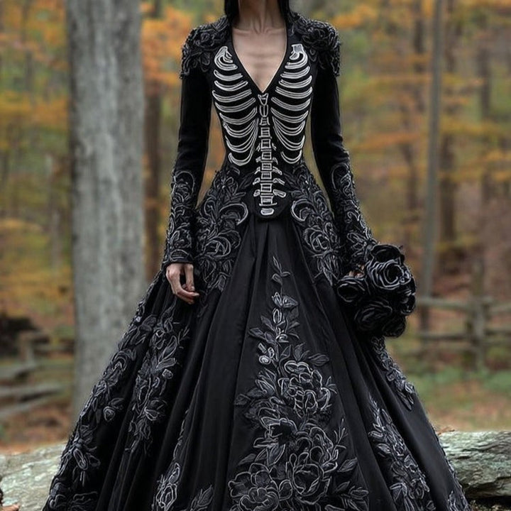 gothic skeleton print gown with black rose bouquet and floral lace detail