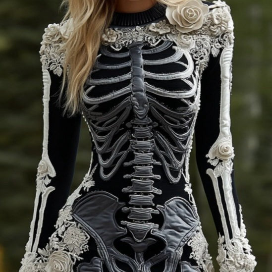 Black bodycon mini dress with 3D floral trim and skeleton rib print
