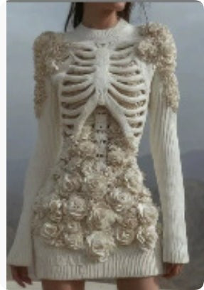 Ivory sweater dress with skeleton cutout and 3D rosette details