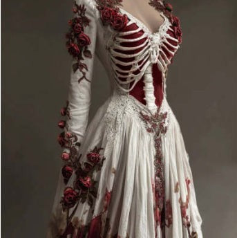 White gothic gown with red rose appliques and cutout skeleton bodice