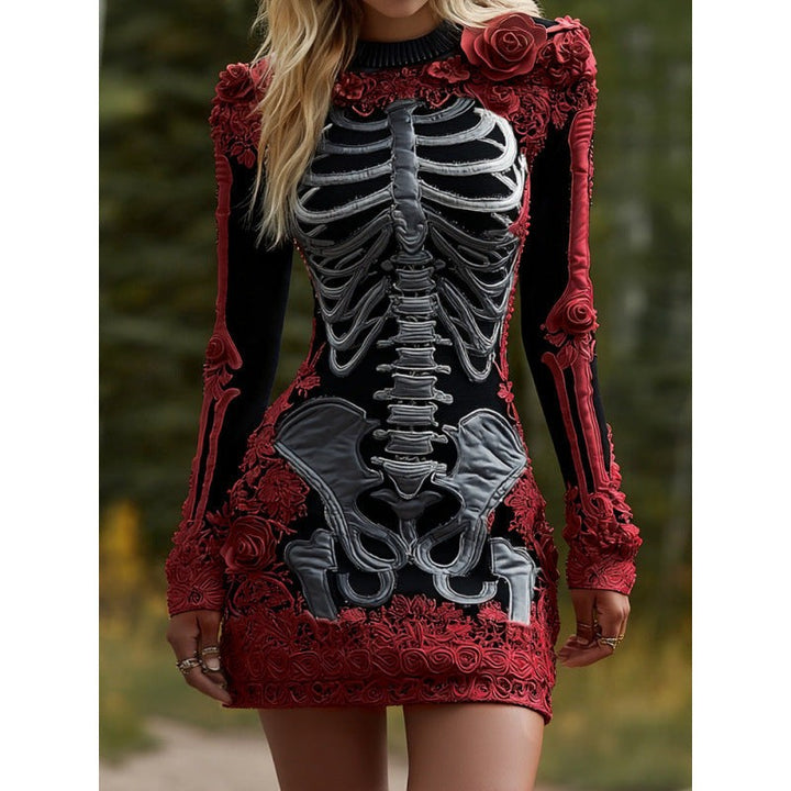 Red skeleton print mini dress with floral appliques and long sleeves