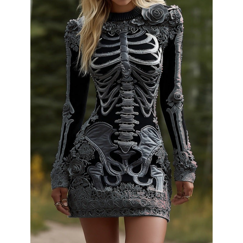 Gray skeleton print bodycon dress with 3D rose shoulder details