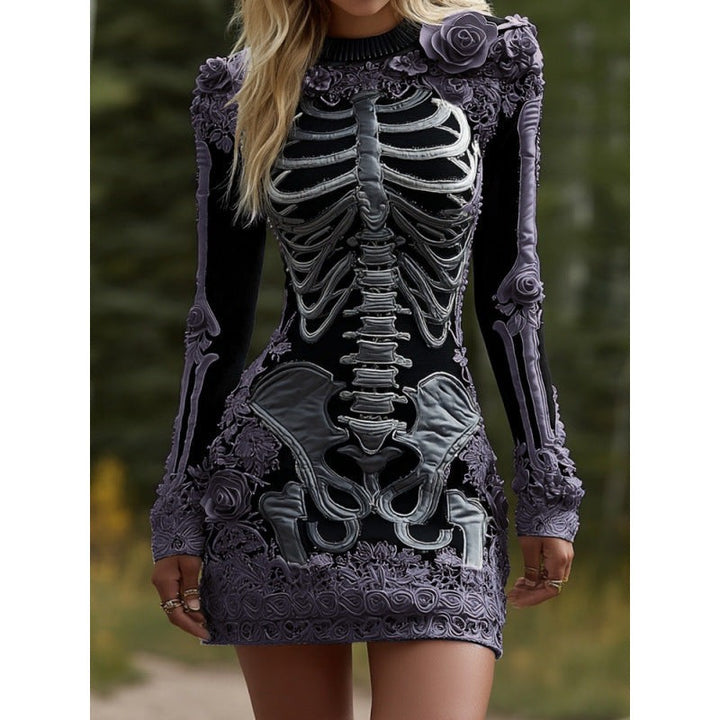 Purple skeleton print mini dress with textured floral appliques