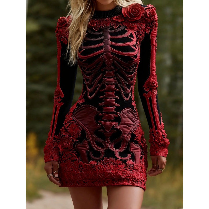 Red skeleton bodycon dress with rose embellishments and long sleeves