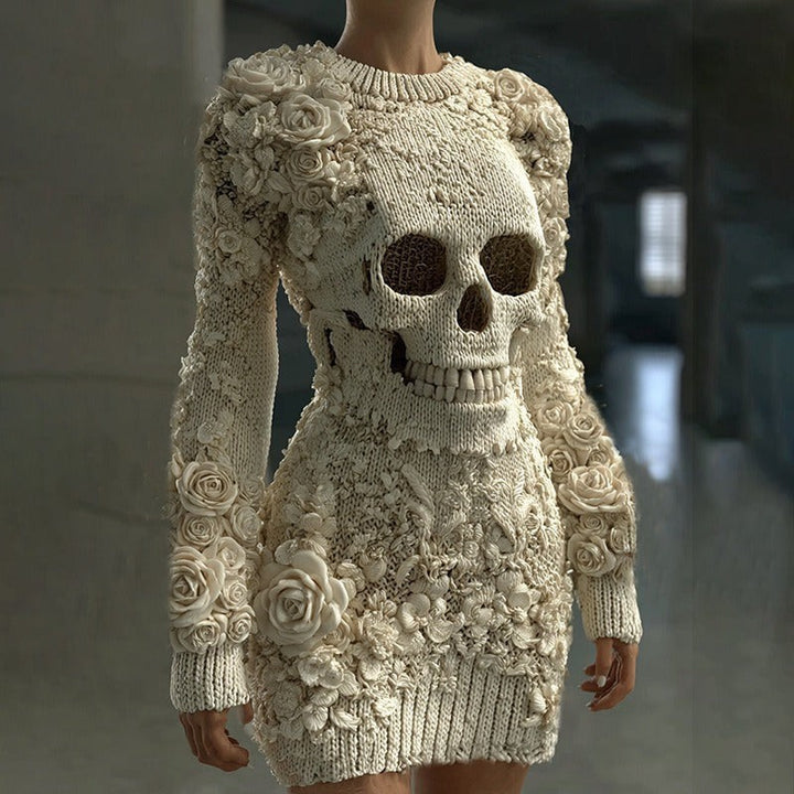 Cream skull knit mini dress with dimensional rose appliques