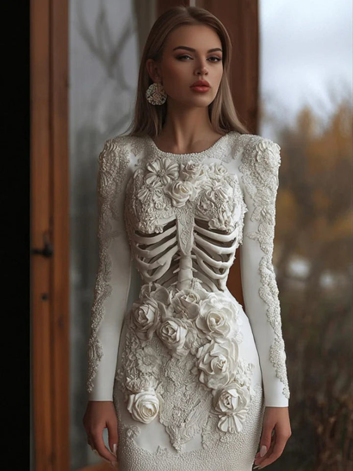 White fitted dress with cutout ribcage design and floral accents