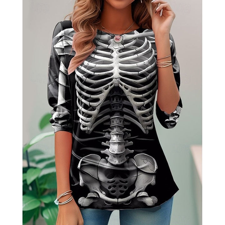 black long-sleeve top with realistic skeleton rib cage graphic print