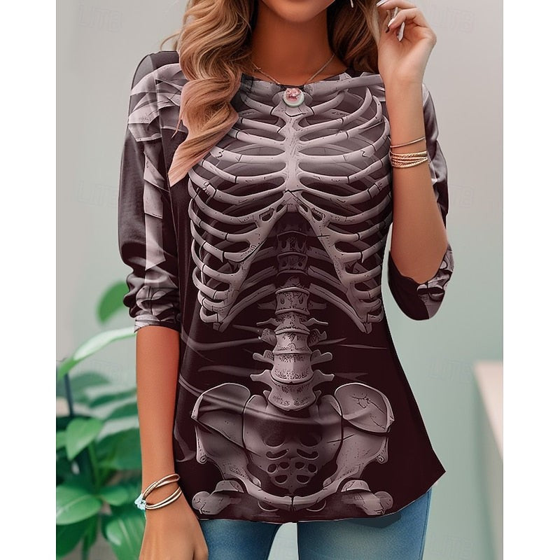 Halloween skeleton print top with round neckline and dark maroon tone