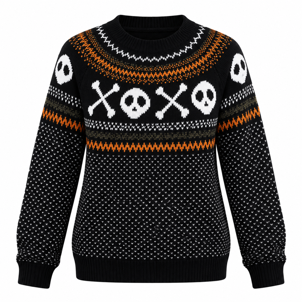 Black crewneck sweater featuring white skull and crossbones knit design, flat lay