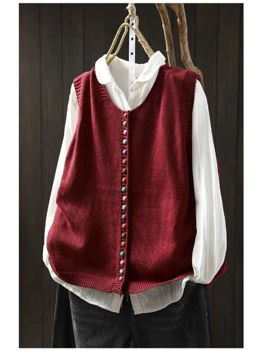 burgundy knit button-up vest with multicolor buttons and ribbed edges