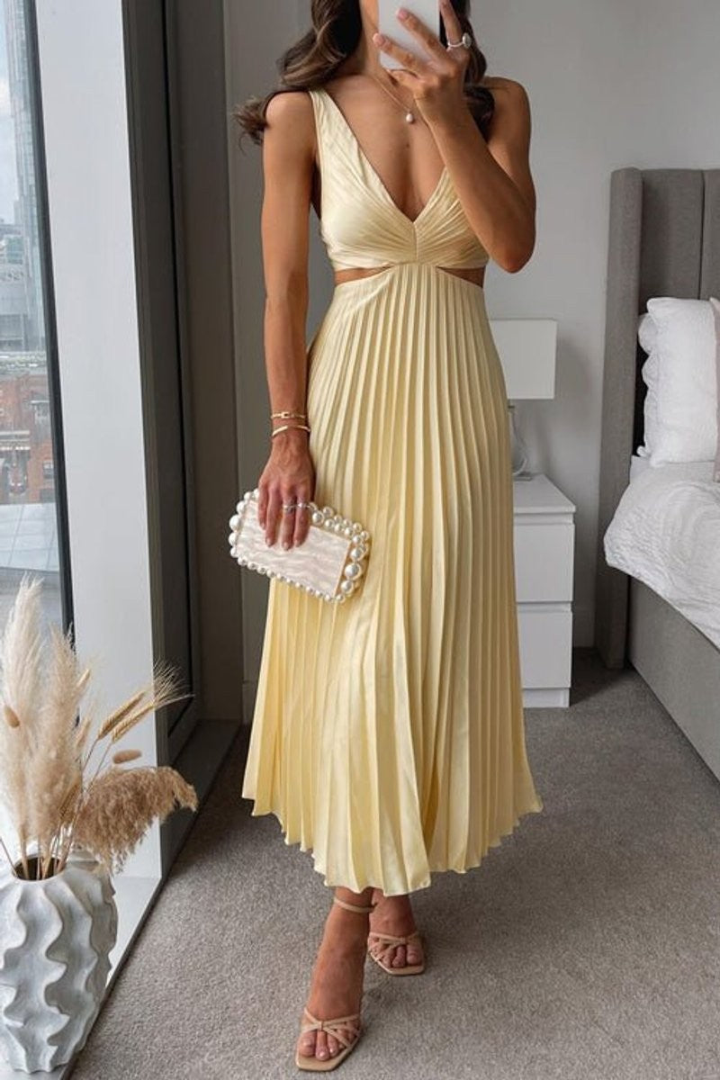 Pale yellow pleated maxi dress with V-neck and cutout waist detail