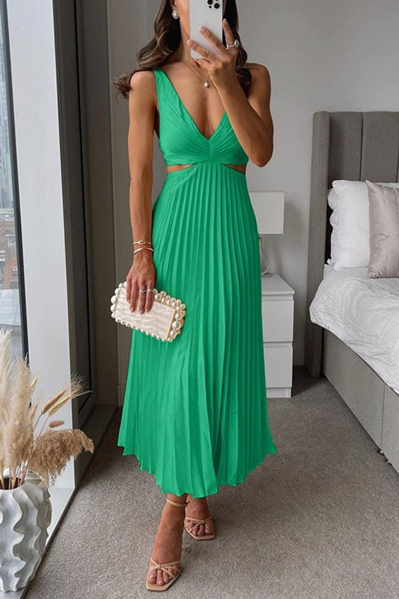 Green pleated maxi dress with V-neck bodice and cutout sides