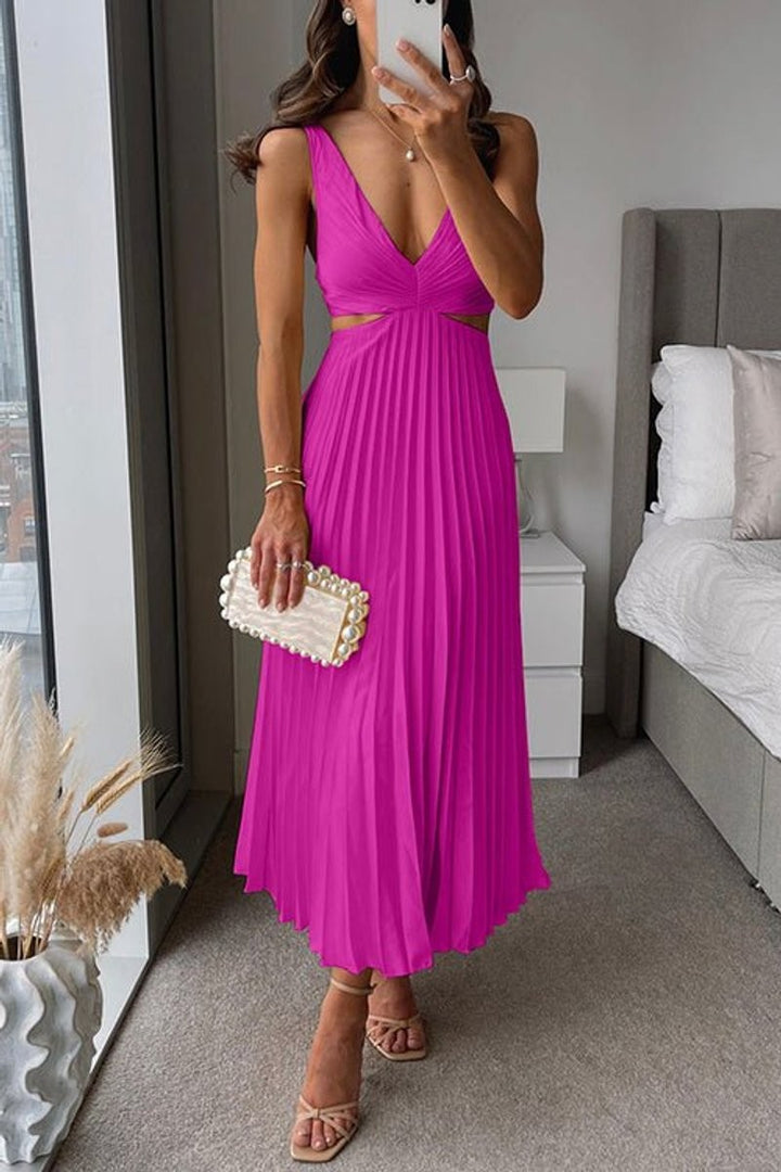 Fuchsia pleated maxi dress with plunging V-neck and cutout waist