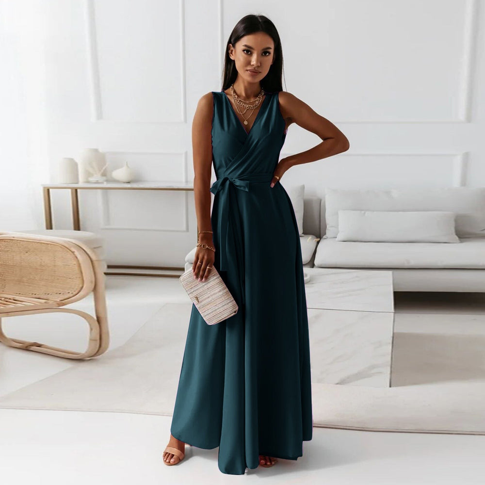Teal green sleeveless wrap maxi dress with tie waist and A-line skirt