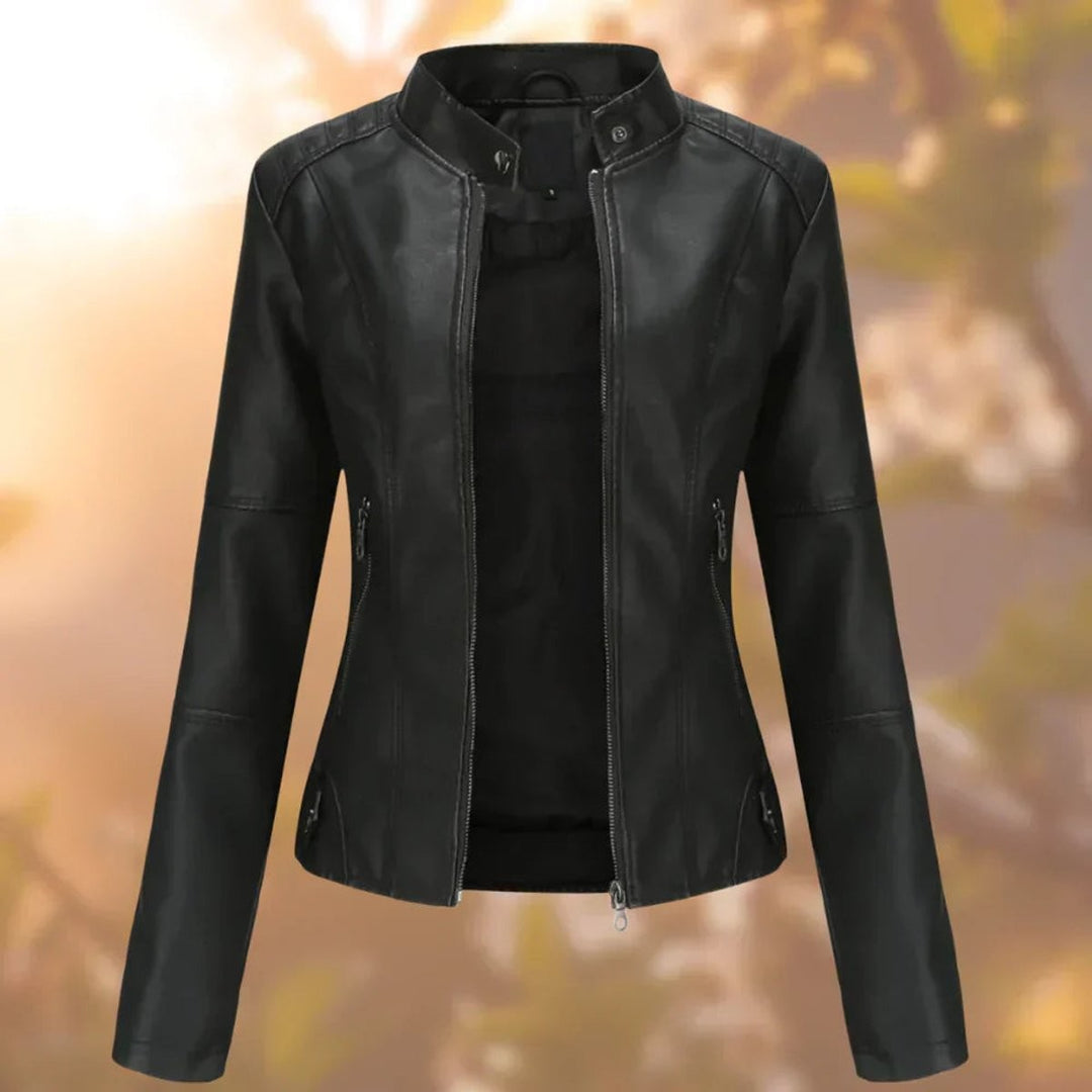 black faux leather moto jacket with stand collar and zip pockets