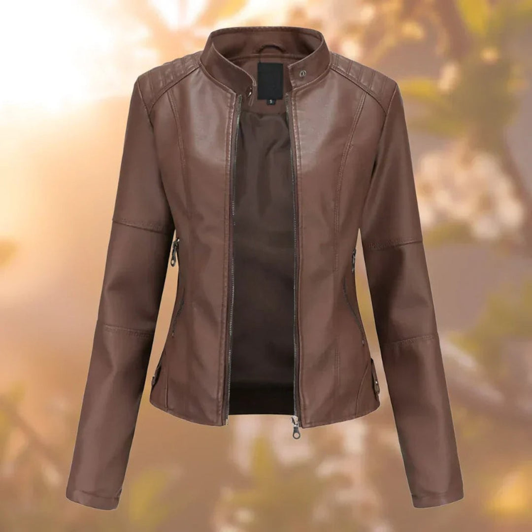 brown faux leather zip-up jacket with slim-fit moto styling