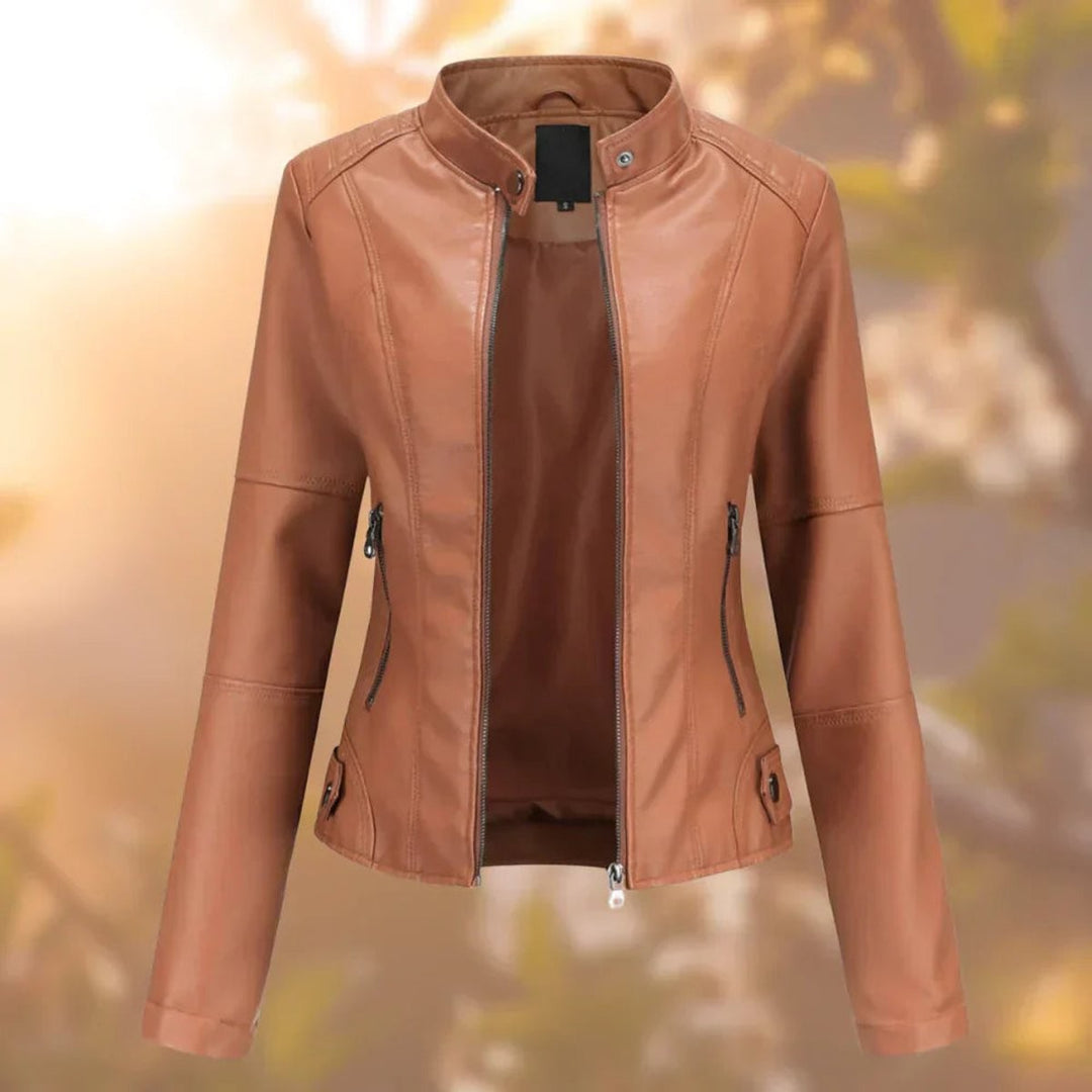 cognac faux leather moto jacket with stand collar and side zippers