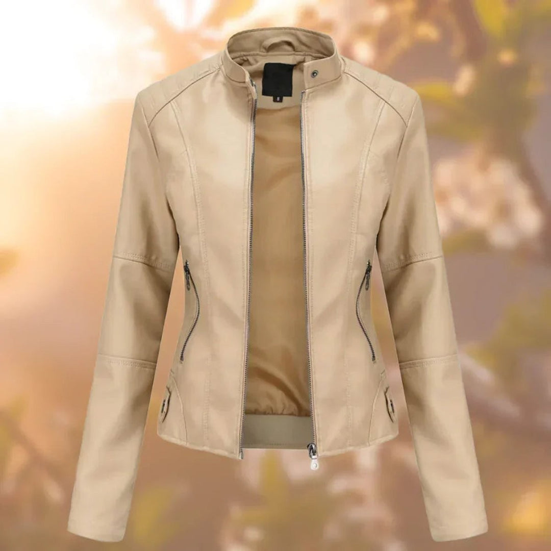 beige faux leather zip-up jacket with slim fit and snap collar