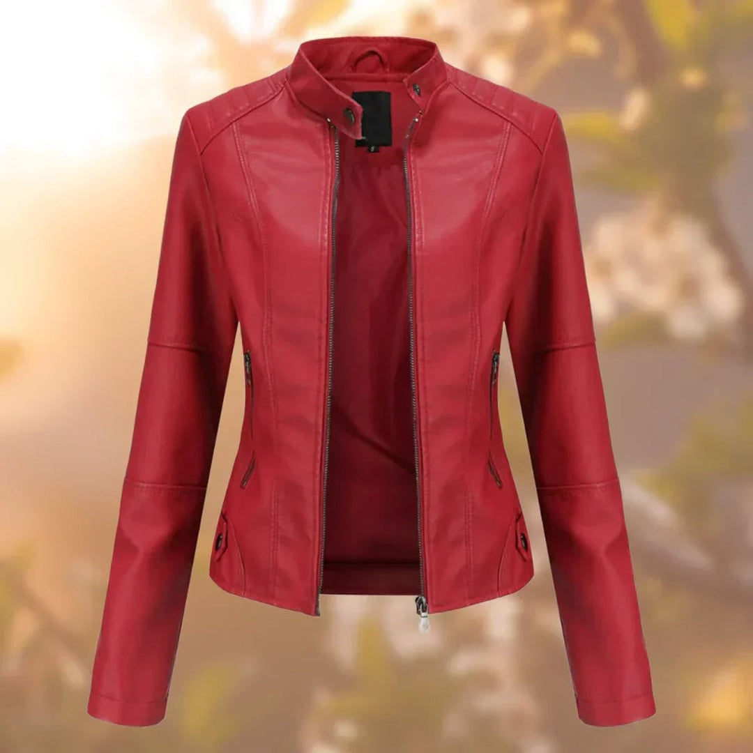 red faux leather moto jacket with front zipper and stand collar