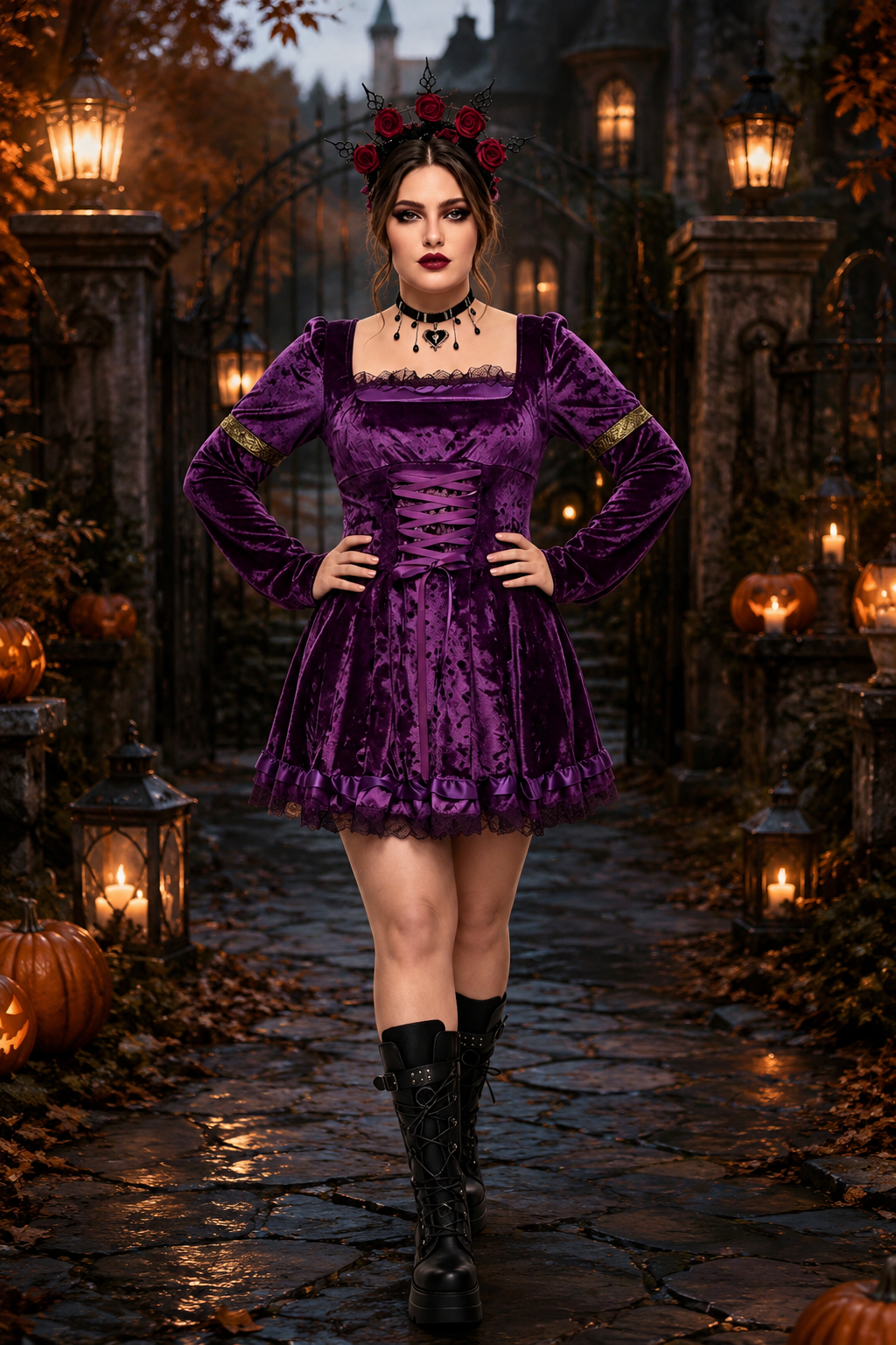 Purple velvet gothic mini dress with lace-up corset waist and bell sleeves