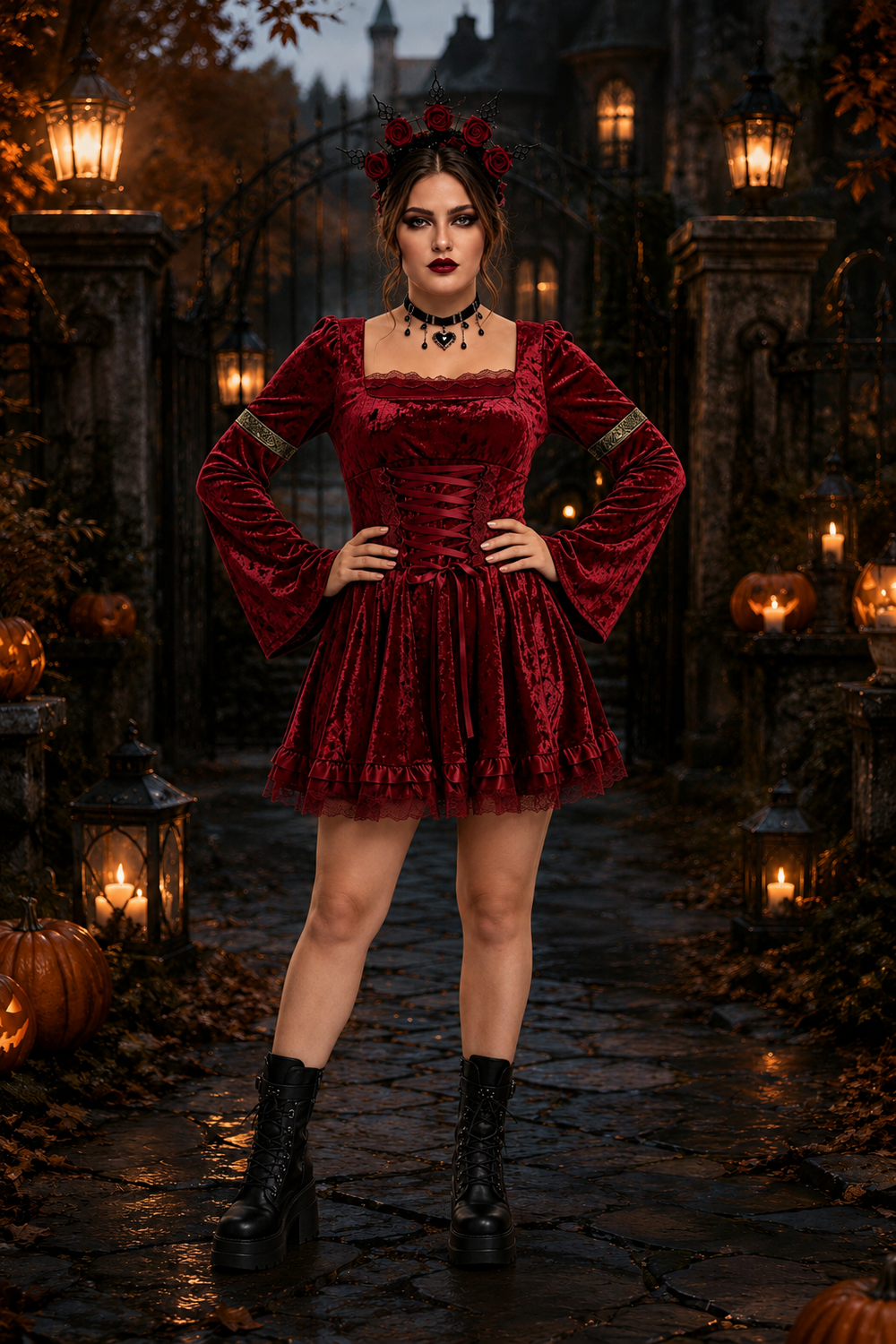 Dark red velvet corset-style Halloween dress with lace trim and bell sleeves