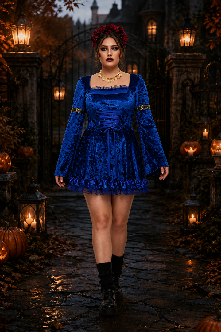 Royal blue velvet gothic mini dress featuring lace-up bodice and flared sleeves