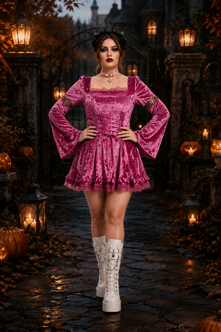 Rose pink velvet corset dress with square neckline and lace hem detail